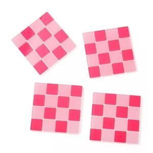 Bullseye’s Playground Square Drink Coasters (4) Count Pink Checkered Mosaic New